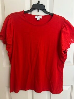 CeCe Bright Red Eyelet Flutter Sleeve Tee Sz XL